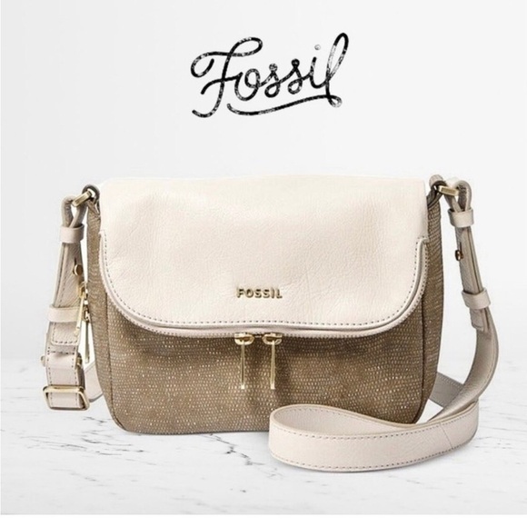 NWOT Fossil Preston Flap Crossbody in Metallic Gold & Cream Summer Travel - Picture 1 of 12